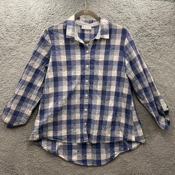 Habitat Clothes to Live In Women's Small Blue Plaid Button Up Shirt 3/4 Sleeves - Picture 1 of 8